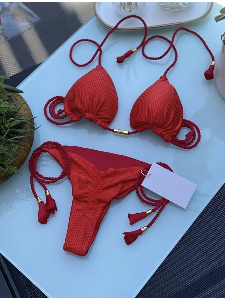 Women Backless Rope Triangle Bikini