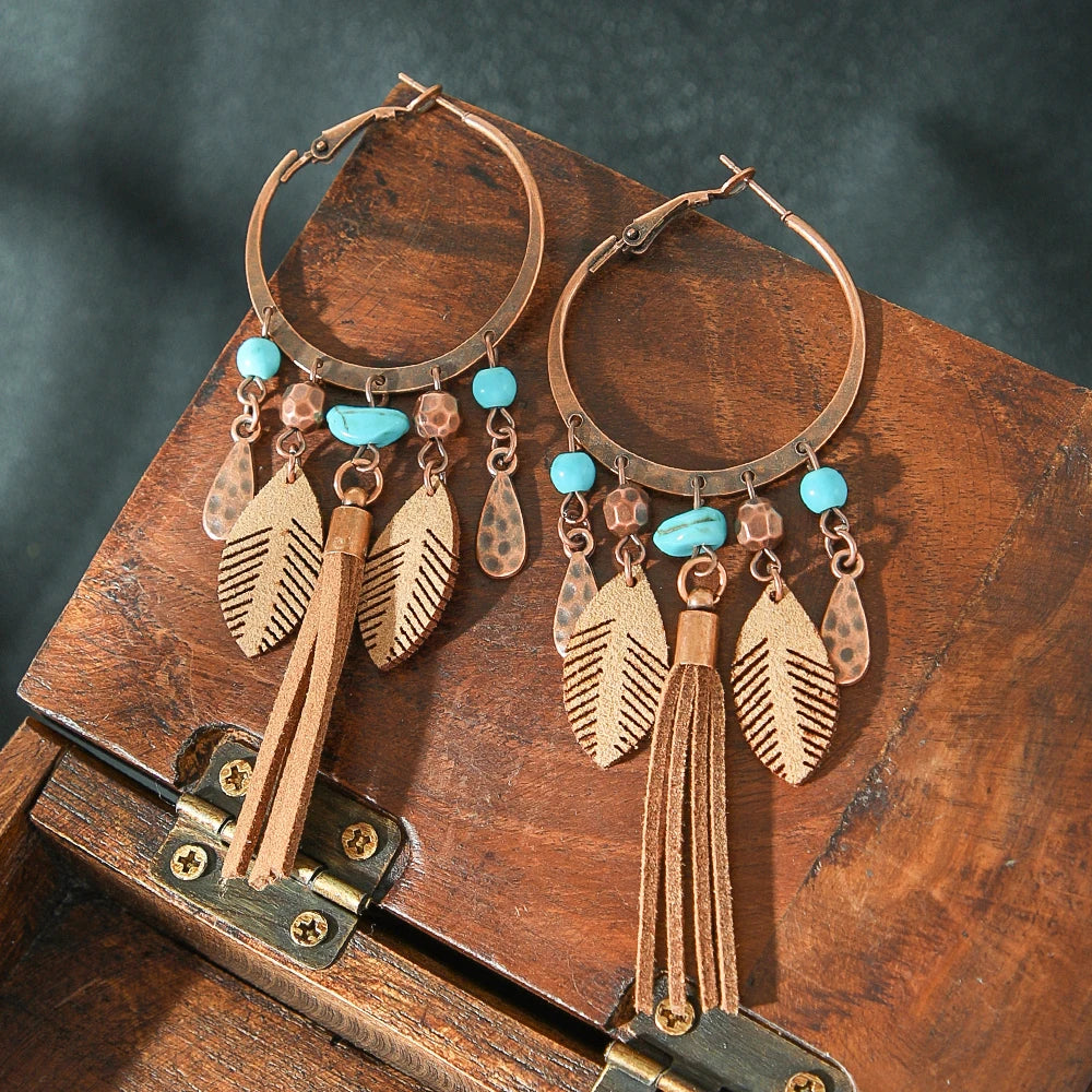 Vintage Boho Long Hook Tassel Leaves Earrings