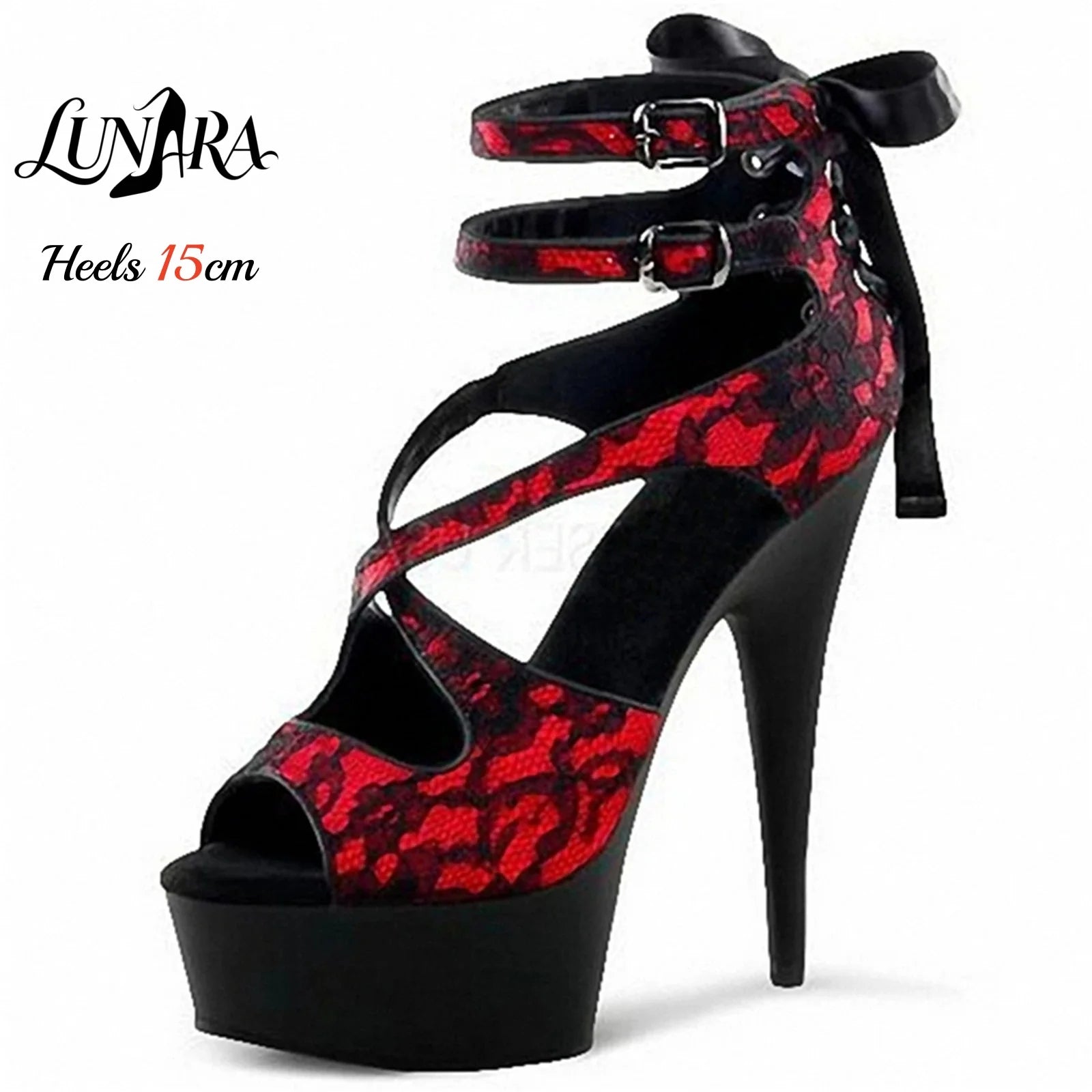 Black Red Lace Ankle Strap Buckle Open Toe Platform High Heel