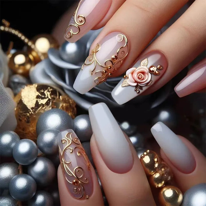 24pc Press on Nails Flower Design Mid-length Ballet