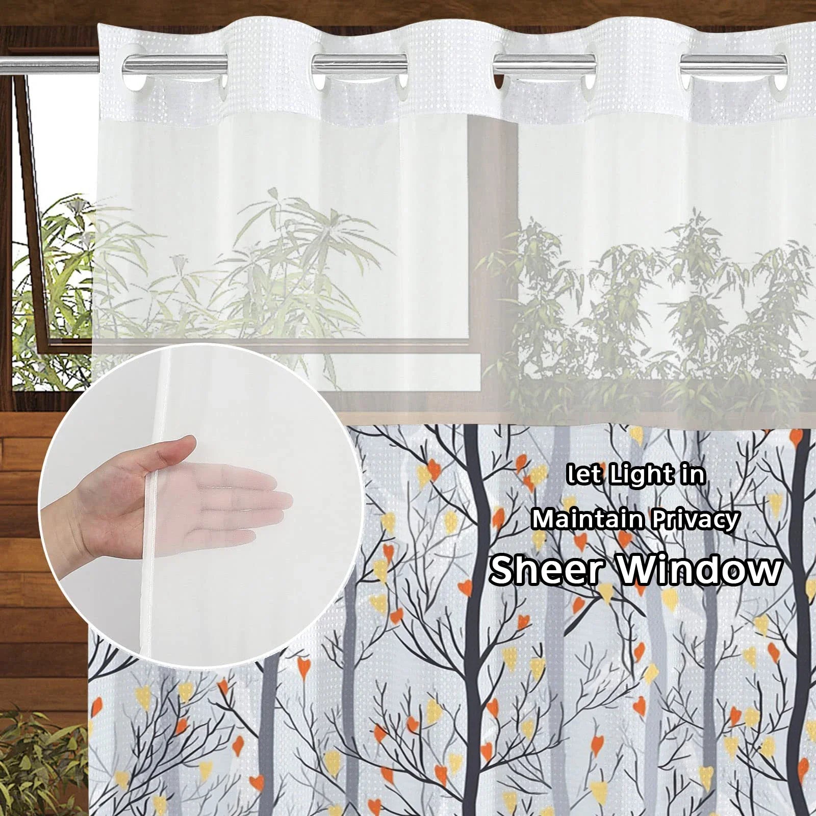 No Hook Plant Pattern Shower Curtain With Snap-in Fabric Liner