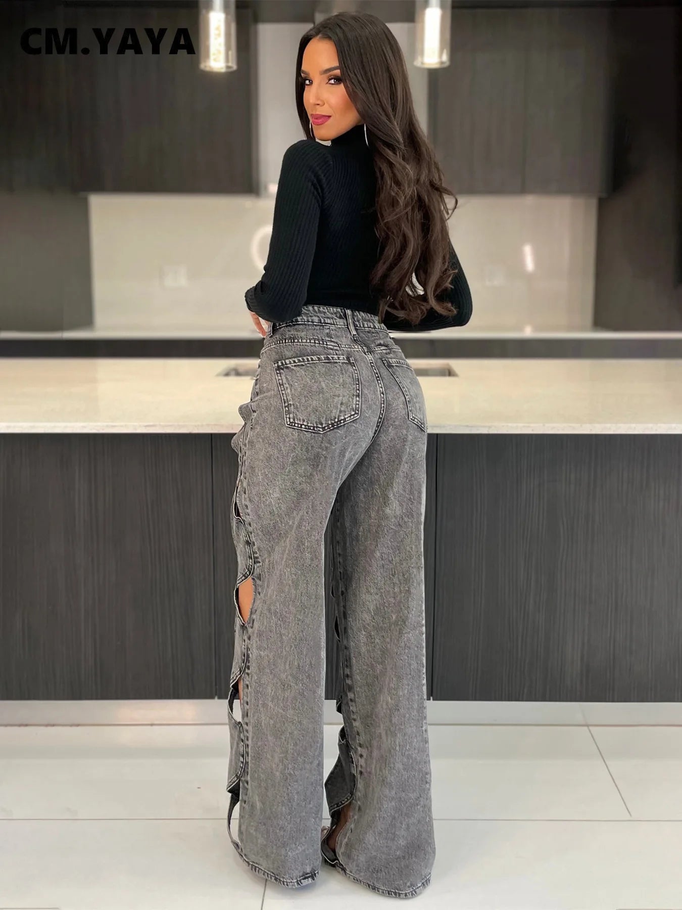 Women Vintage Cutout Hollow Out Criss Cross Straight Denim Pants