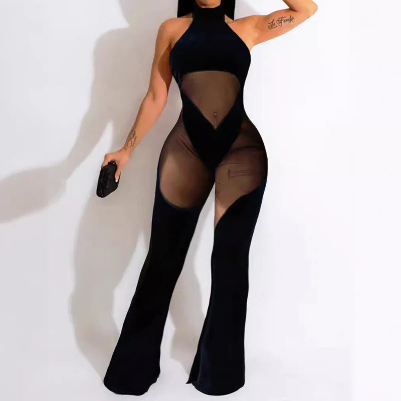 Women's Hanging Neck Sexy Solid Color Sleeveless Mesh Jumpsuit