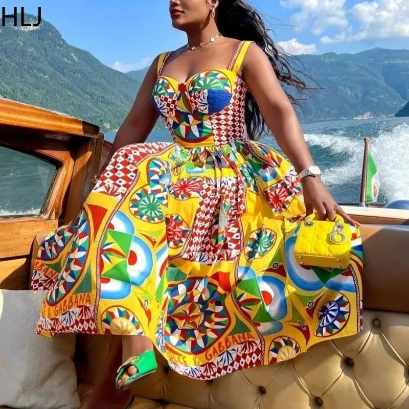 Multicolor Print Spaghetti Strap Elastic Backless Dress
