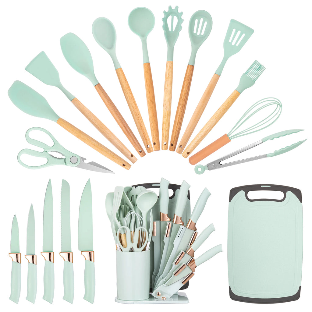 19Pc Professional Kitchen Knife Set with Silicone Cooking Utensils & Cutting Board
