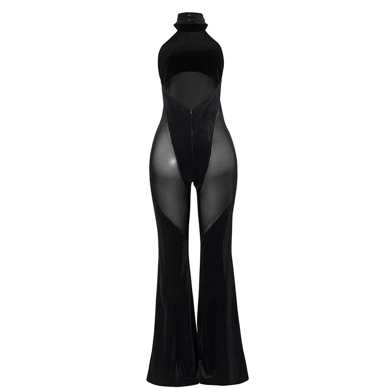 Women's Hanging Neck Sexy Solid Color Sleeveless Mesh Jumpsuit
