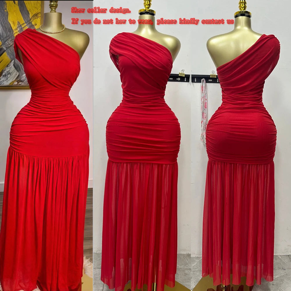 Elegant Skew Neck One Sleeve Off Shoulder Mesh Slit Long Dress