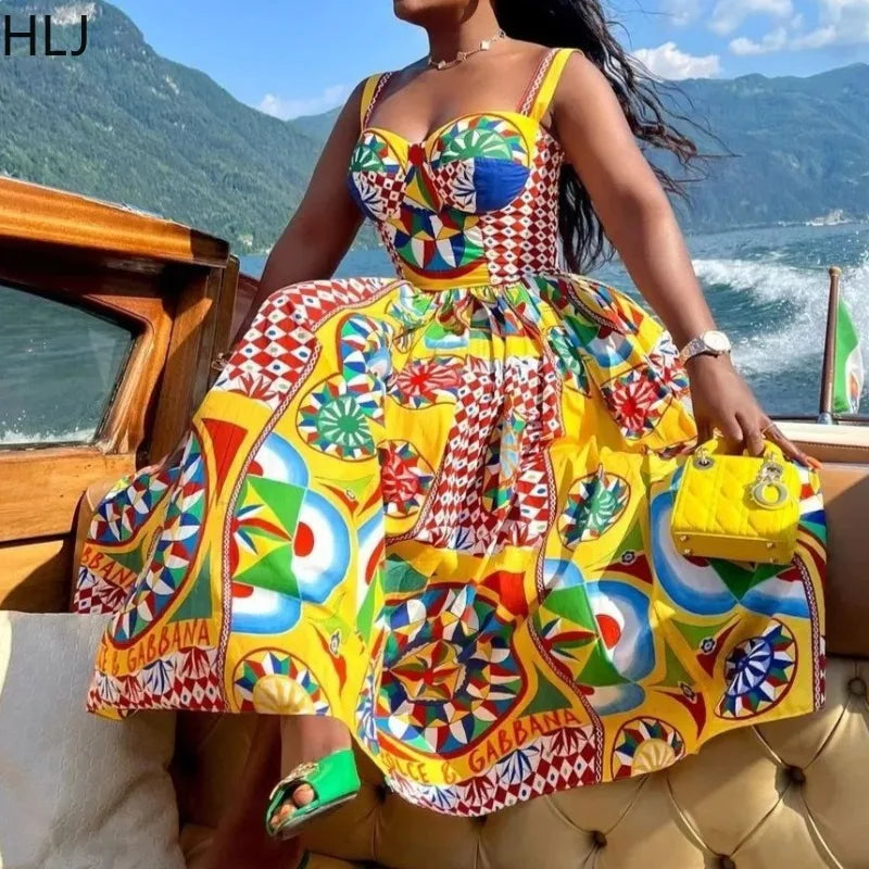 Multicolor Print Spaghetti Strap Elastic Backless Dress