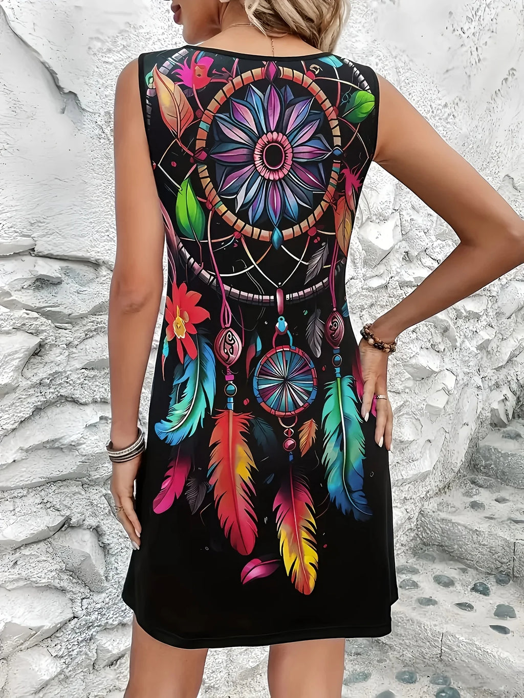 Sleeveless Dream Catcher Print Dress