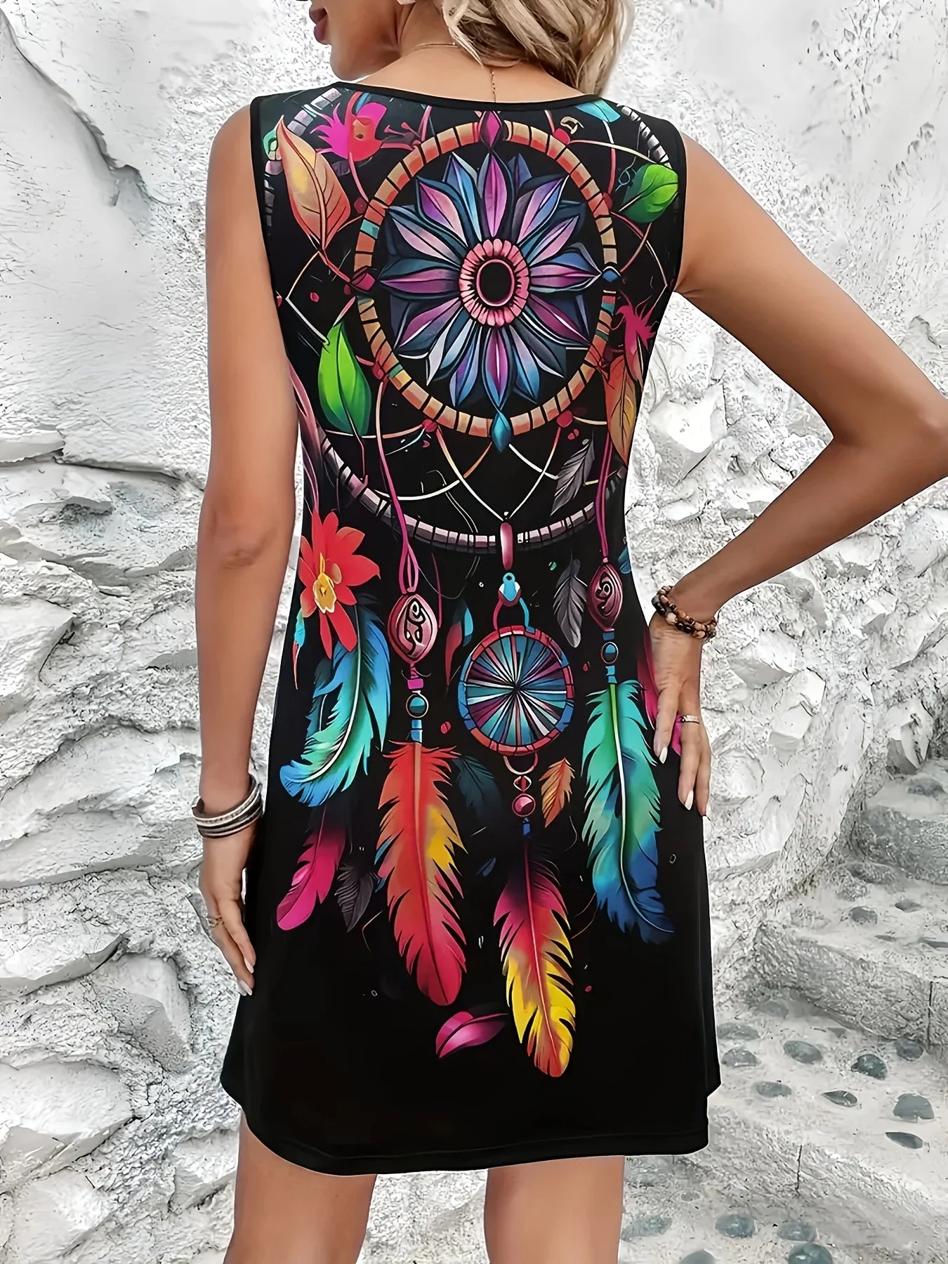 Sleeveless Dream Catcher Print Dress