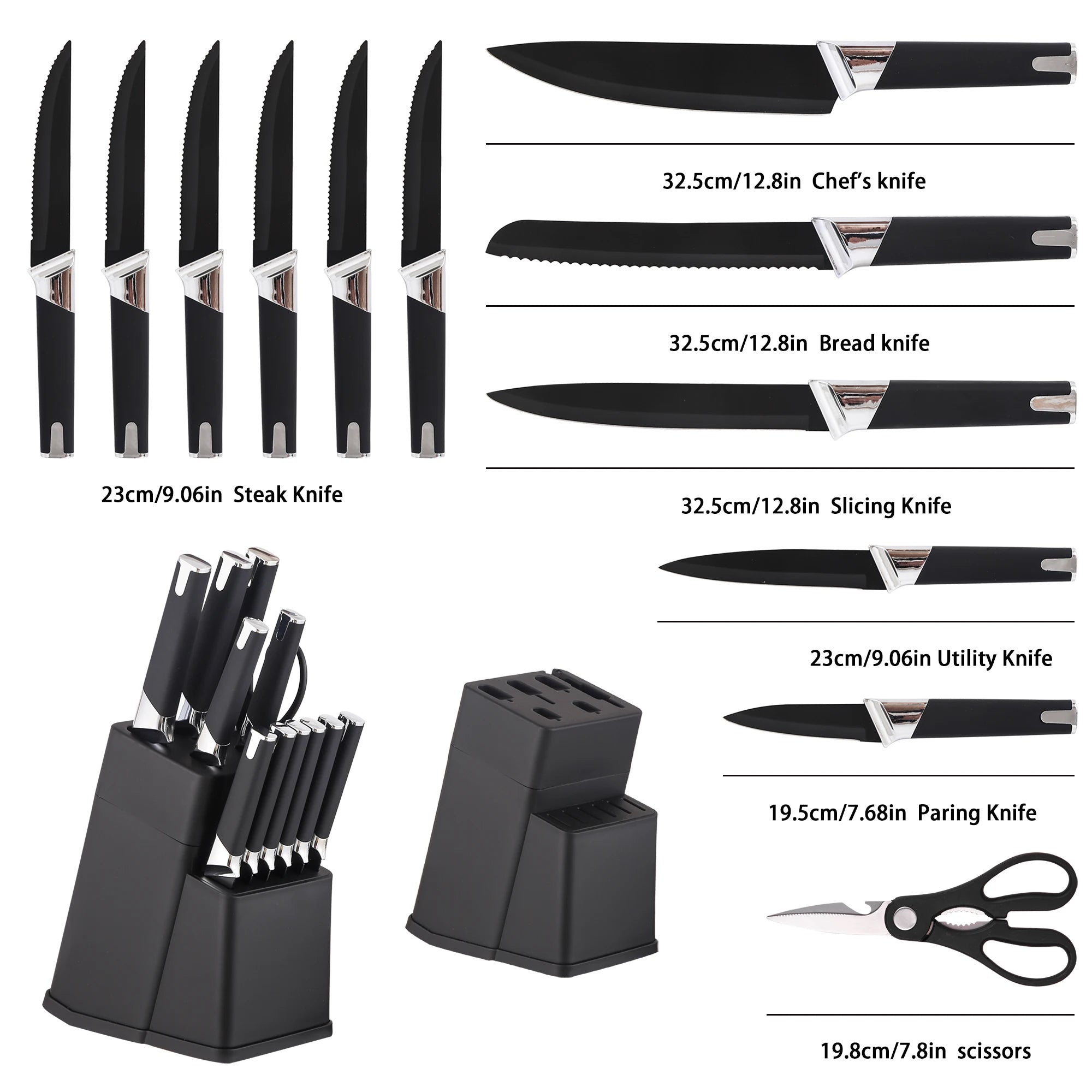 13Pc Professional Kitchen Knife Block Set with 6 Steak Knives