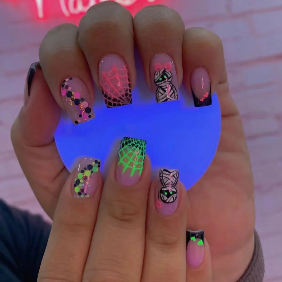 24pcs Glow In the Dark Extra Long Ballet Press On Nails