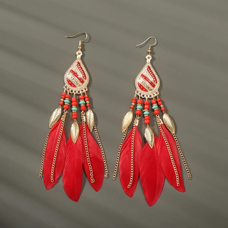 Boho Long Feather Dangle Earrings