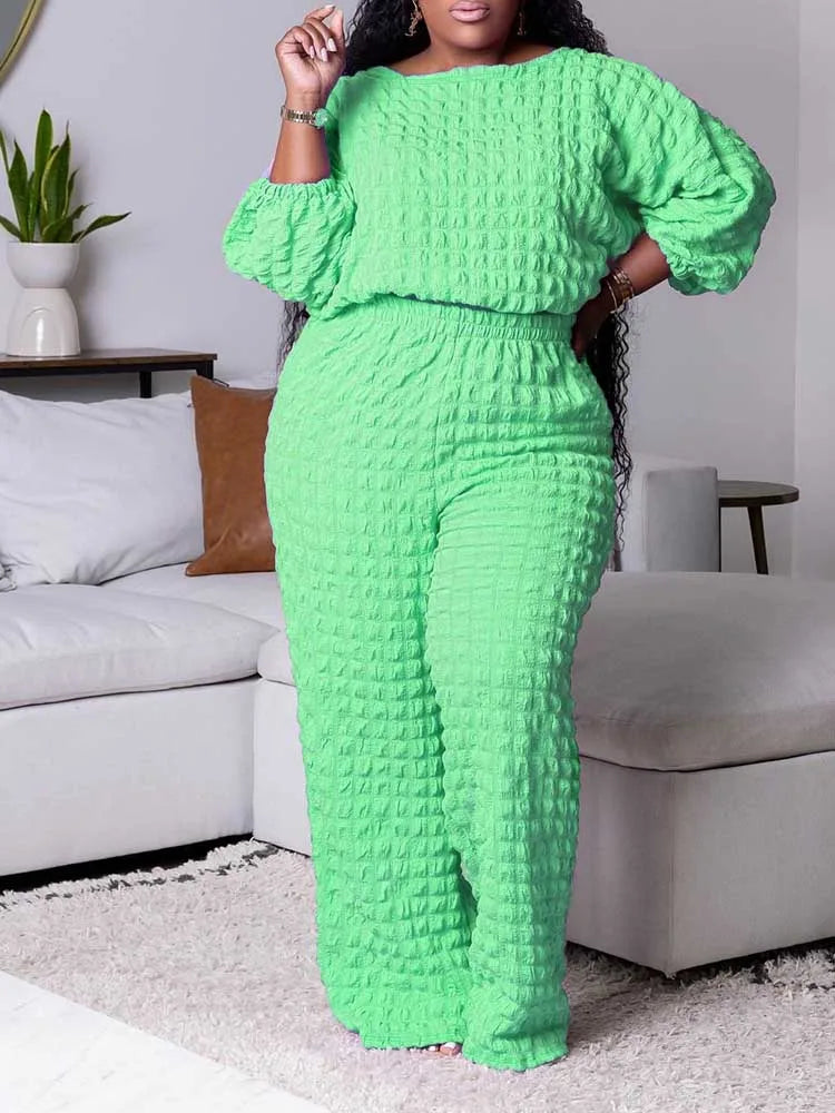 Long Sleeve 2 Piece Bubble Waffle Pleated Top and Pants Set