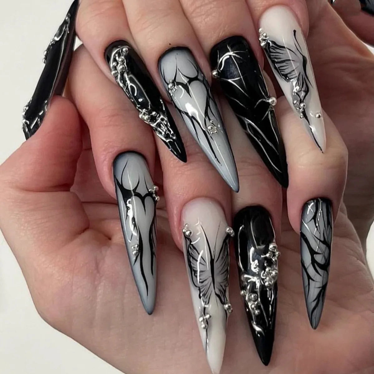24Pc Black Butterfly Diamond Halloween Long Almond Press on Nails Tips