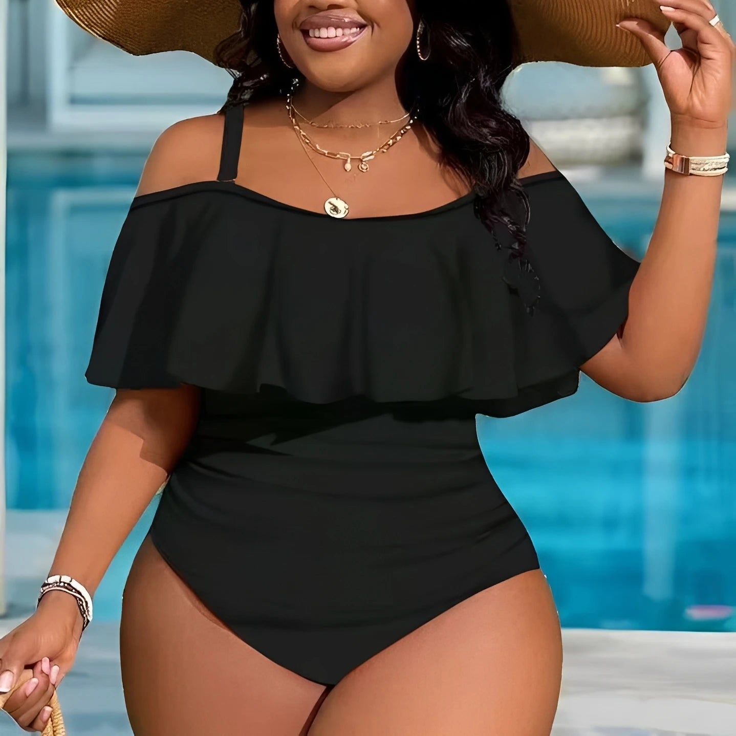 Plus Size One Piece Swimsuit Strappy Printed Ruffle