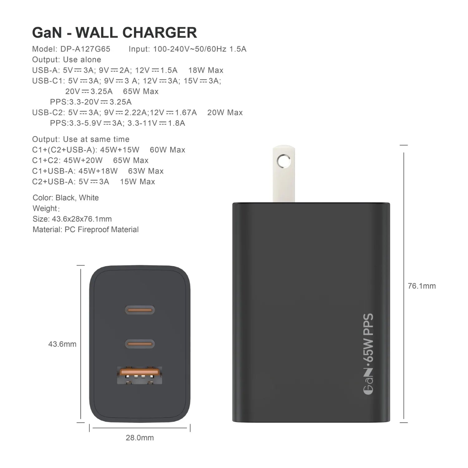 65W GaN 3 Port USB C Power Adapter With Type C
