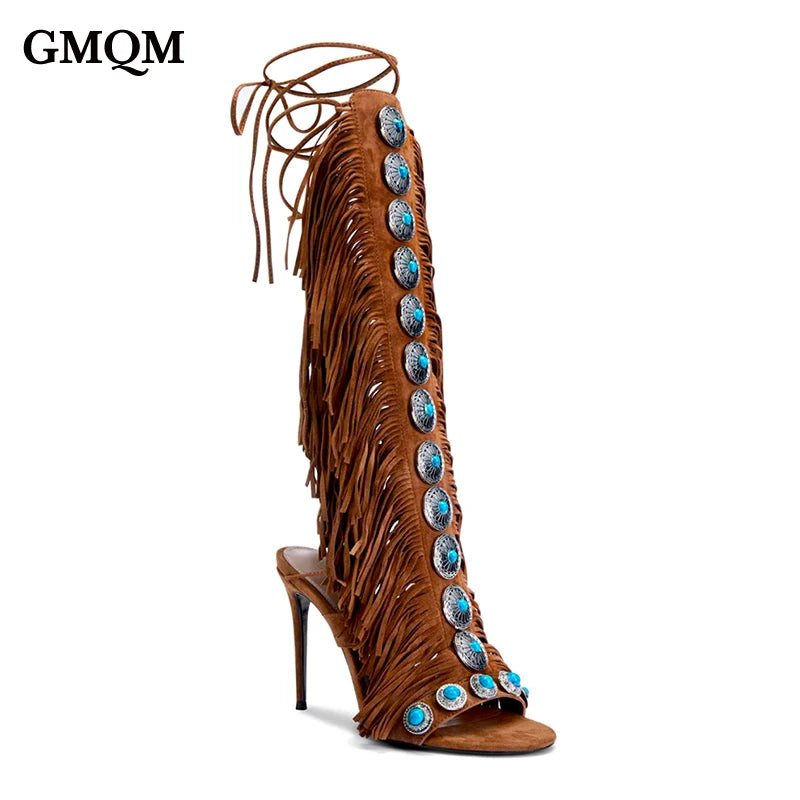 Women's Knee High Boots Fringe Strappy Sandals Open Toe Lace-up Tassels
