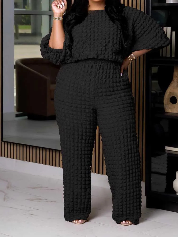Long Sleeve 2 Piece Bubble Waffle Pleated Top and Pants Set