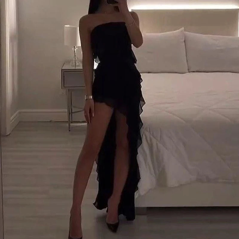 Strapless Floral Fold Hemline High Slit Mini Dress