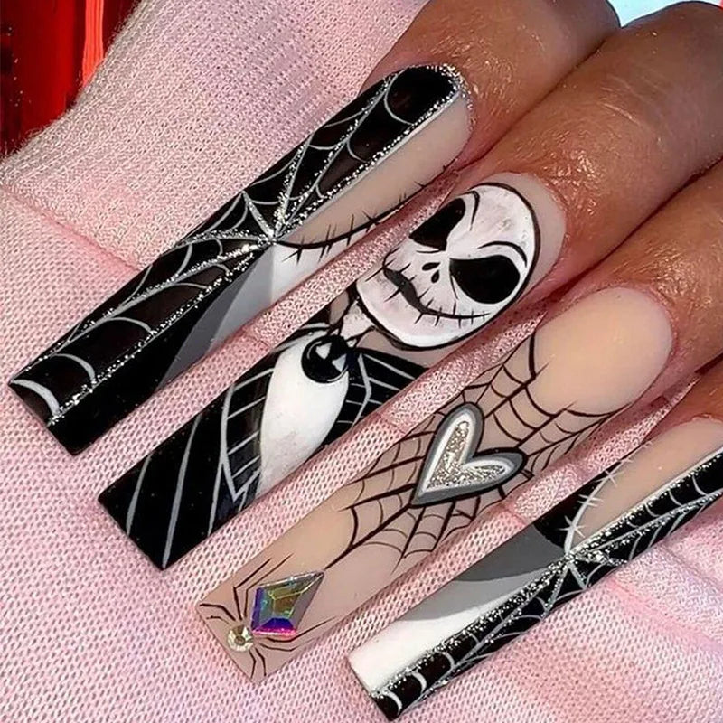 Scary Blood Skull Long Coffin Ballet Halloween Press on Nails