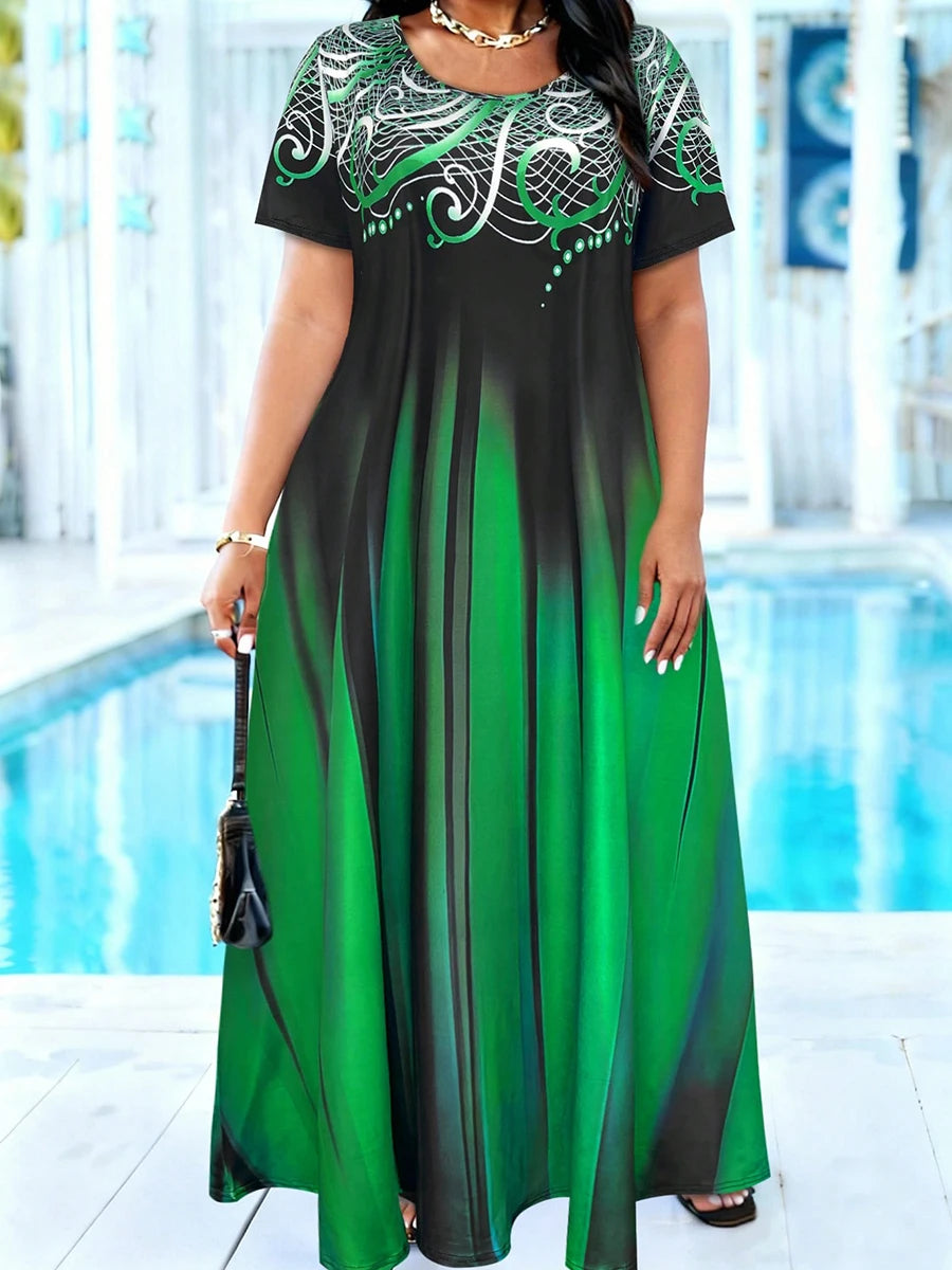 Plus Size Green Black Gradient Print Maxi Dress