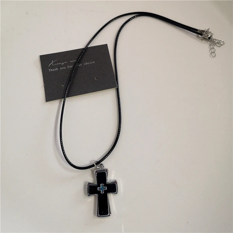 Punk Rock Goth Black Heart Cross Pendant Chain Necklace
