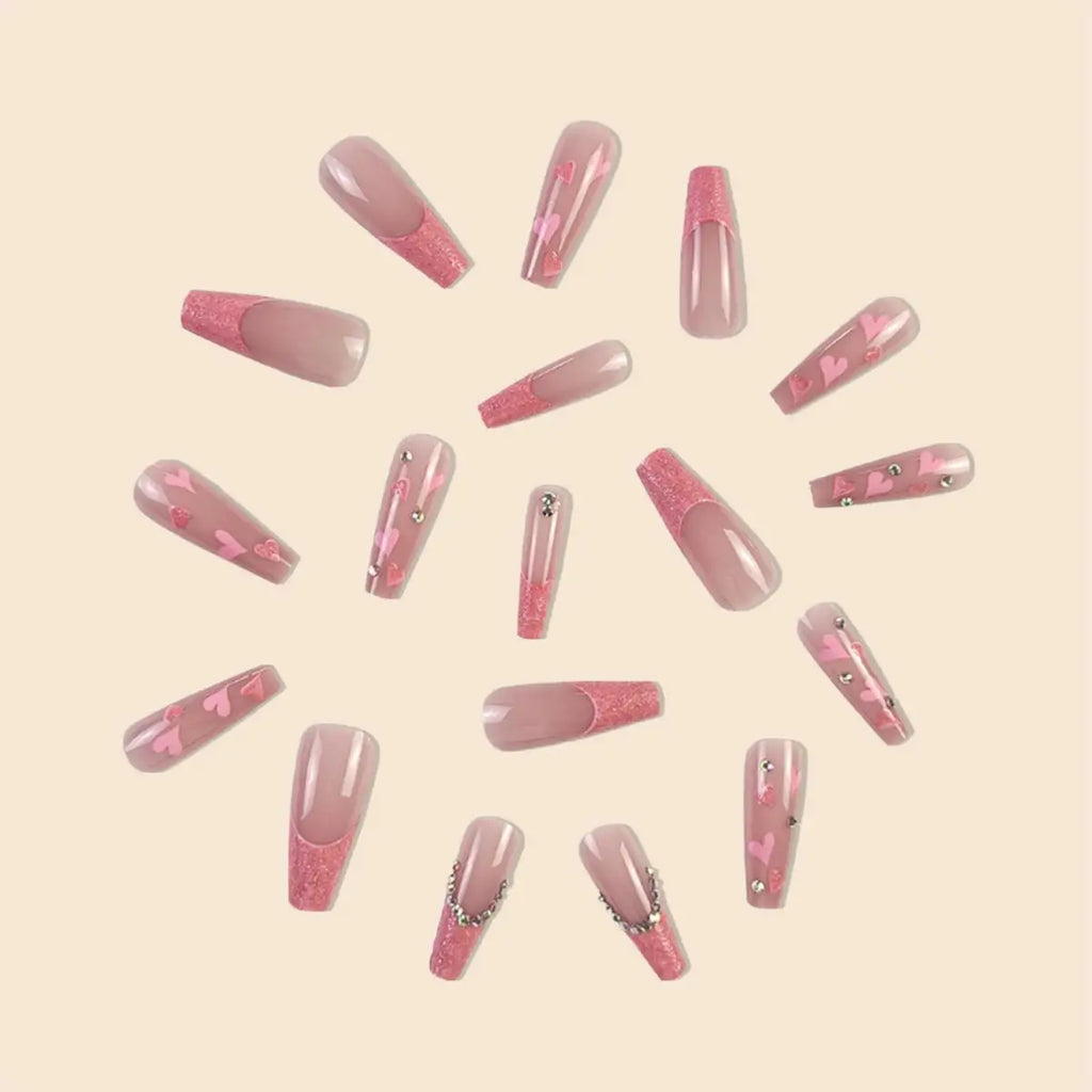 24Pcs/Set Long Ballet French Heart Glitter Press on Nails