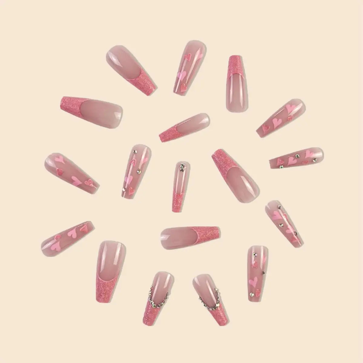 24Pcs/Set Long Ballet French Heart Glitter Press on Nails