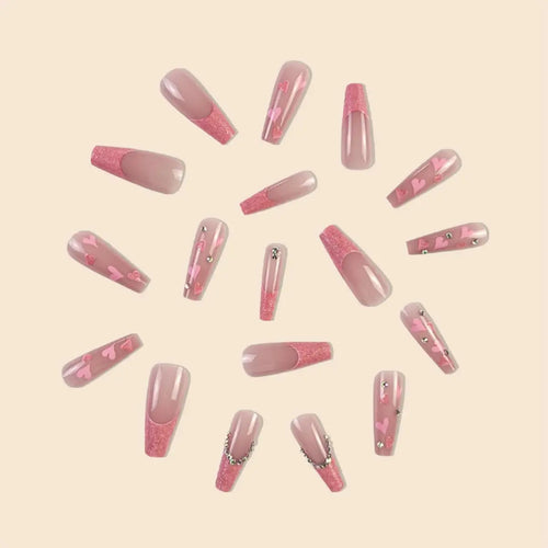 24Pcs/Set Long Ballet French Heart Glitter Press on Nails
