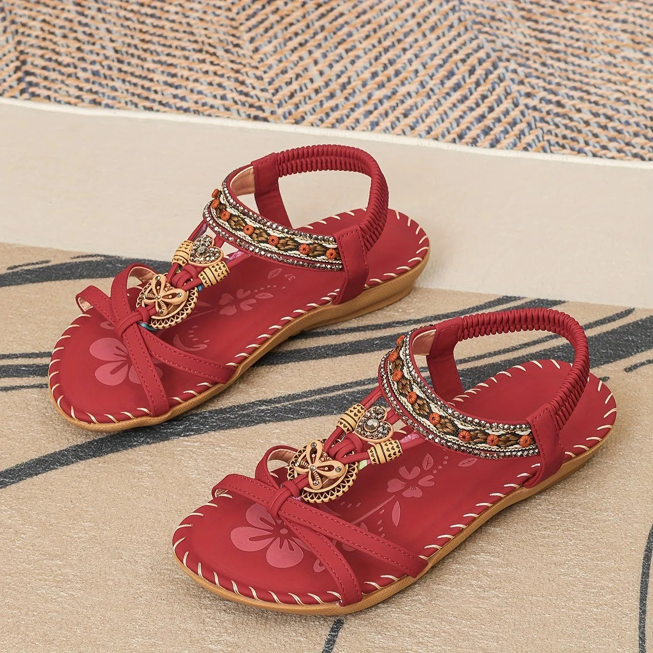 Women Bohemian Flower Rubber Retro Hollow Sandals