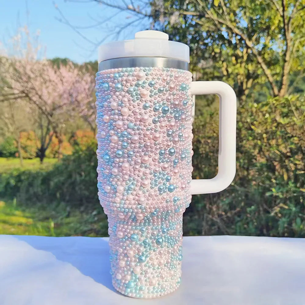 Pearls Bling 40oz Tumbler with Handle and Straw Stainless Steel