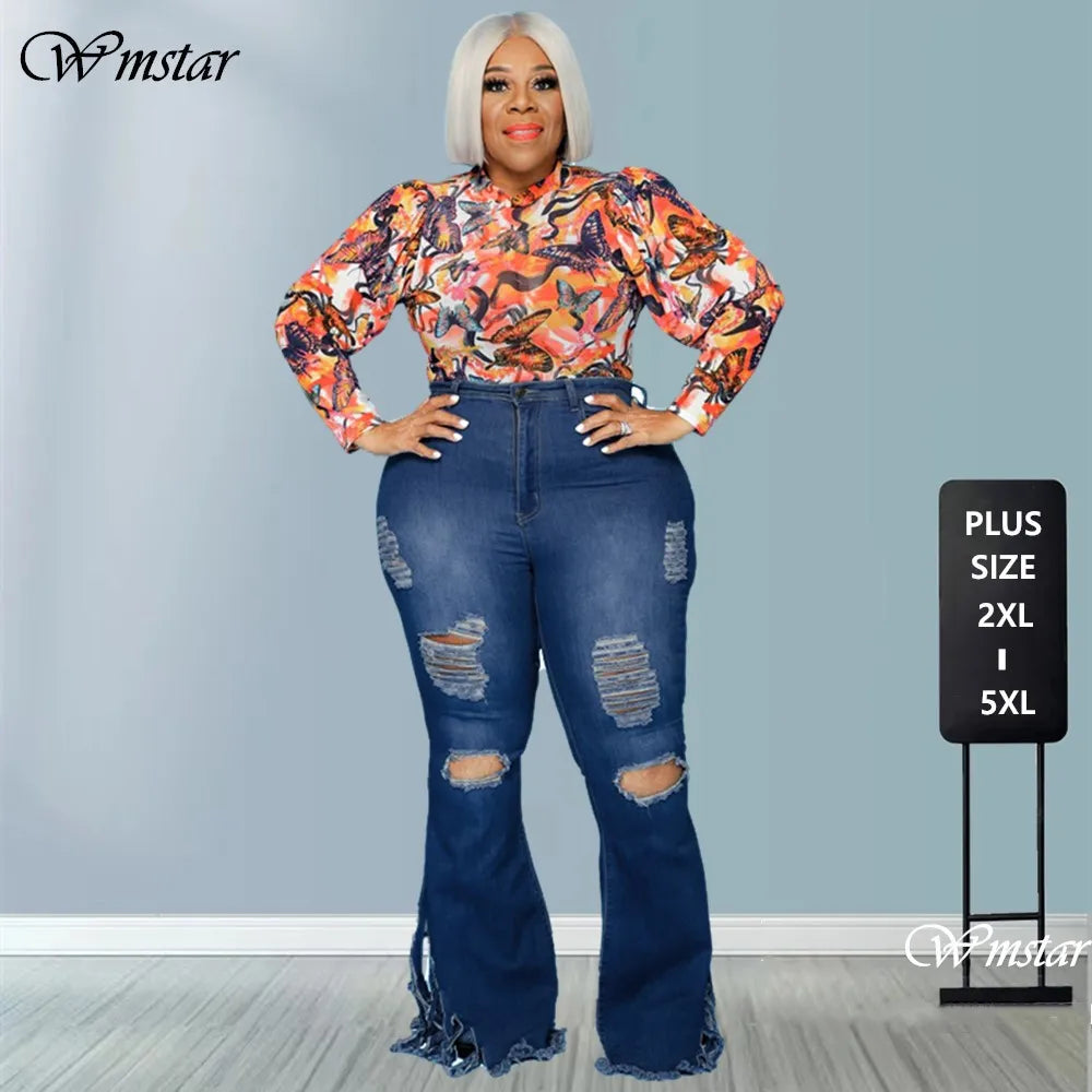 Bodycon Stretch Solid Pockets High Waist  Denim Flared Pants