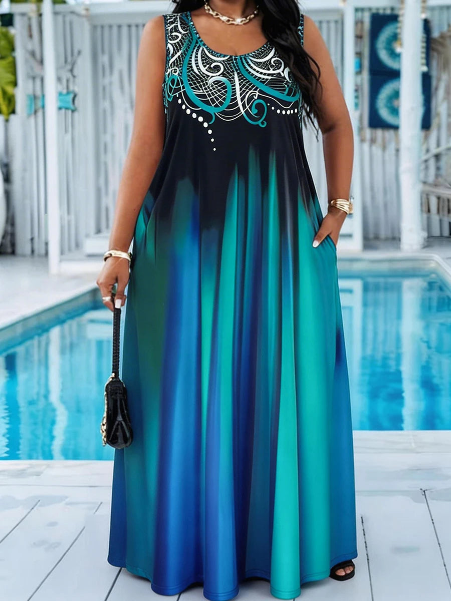 Plus Size Teal Blue Gradient Print Maxi Dress