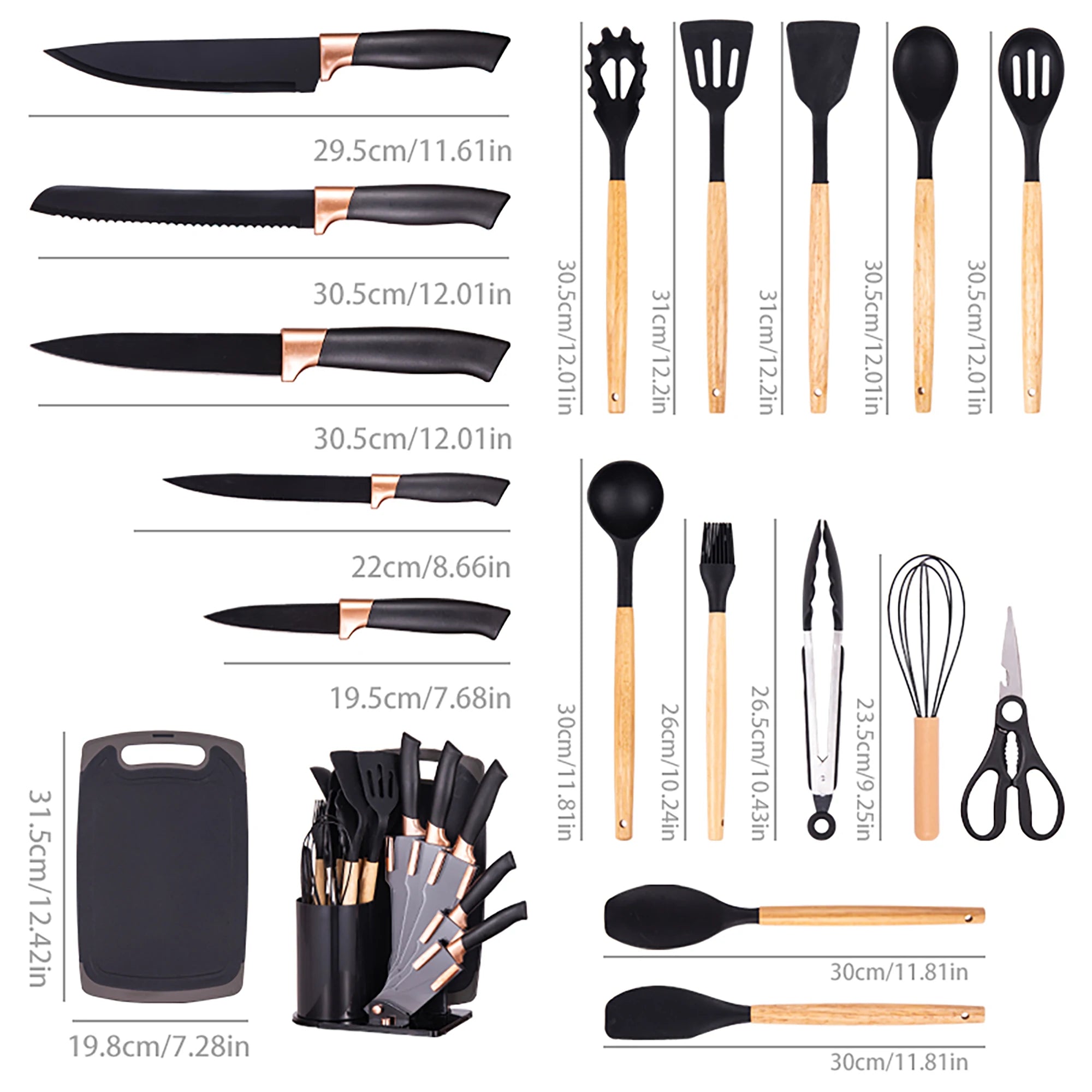19Pc Professional Kitchen Knife Set with Silicone Cooking Utensils & Cutting Board