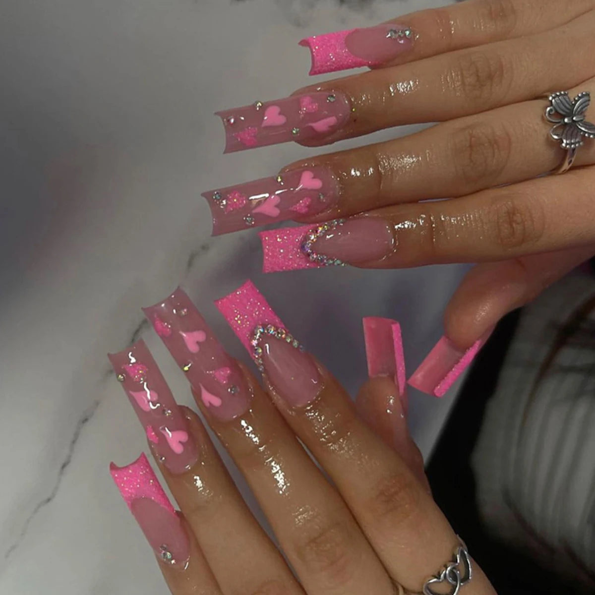 24Pcs/Set Long Ballet French Heart Glitter Press on Nails