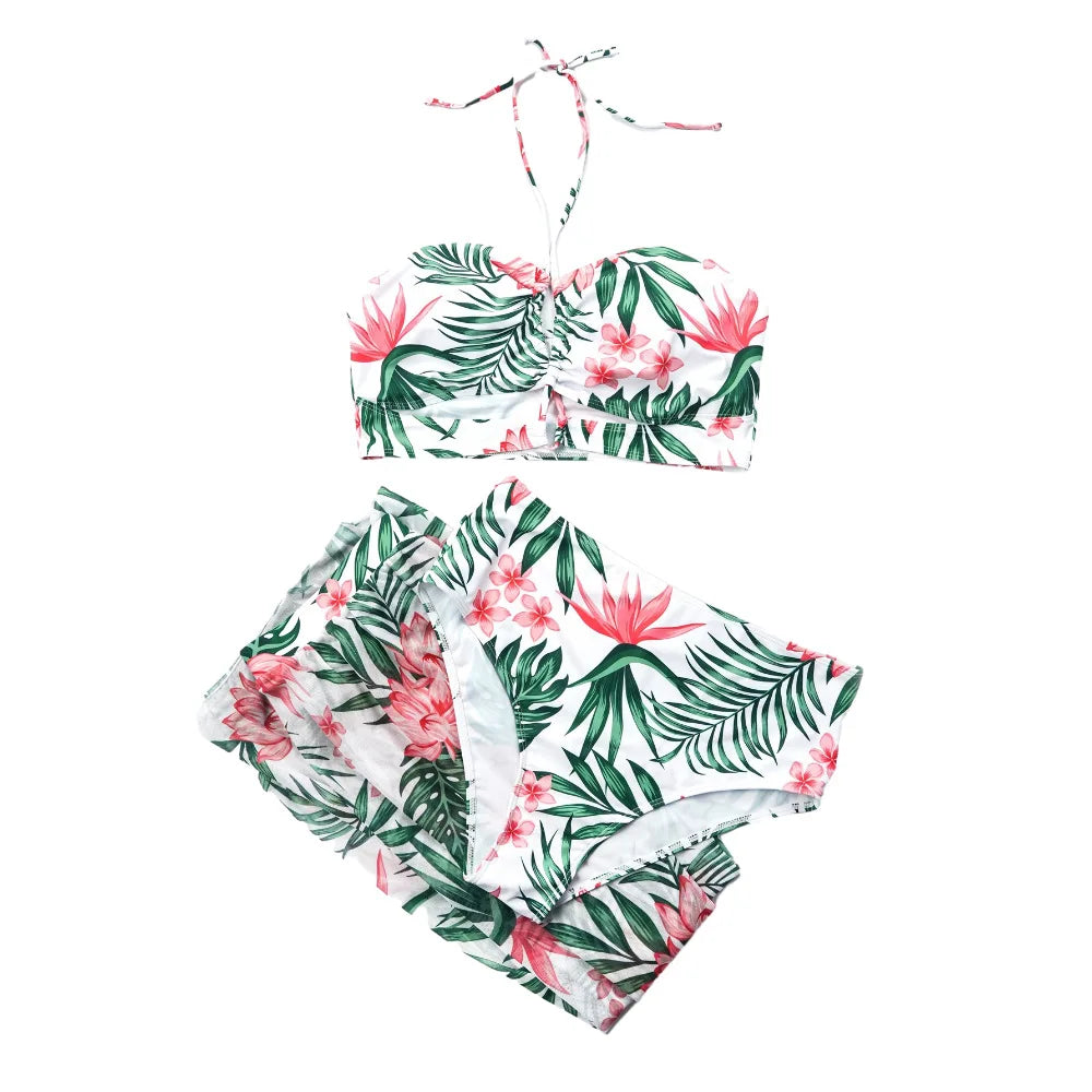 Plus Size Halter Bikini Long Skirt 3 Piece High Waist Swimsuit