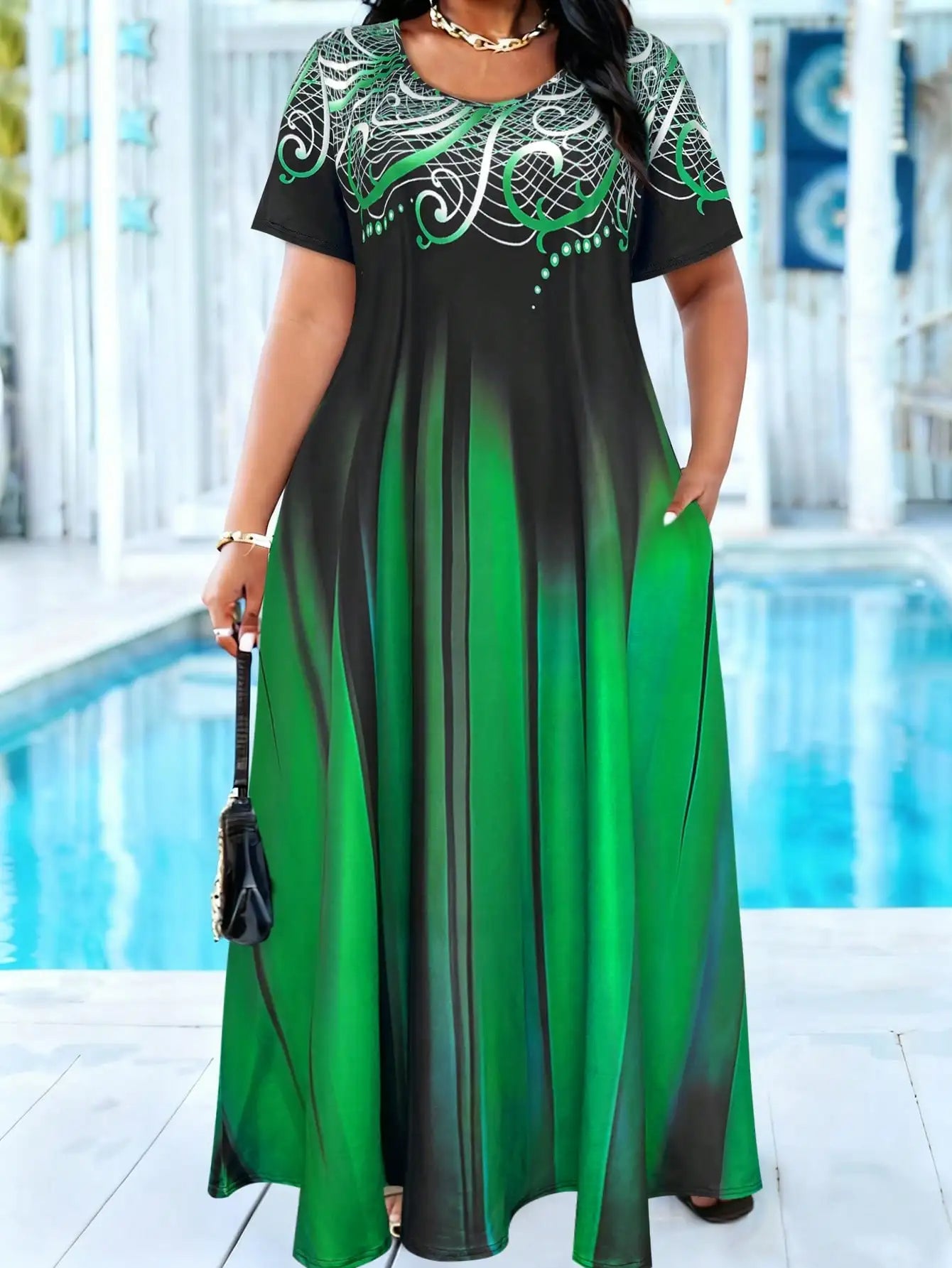 Plus Size Green Black Gradient Print Maxi Dress