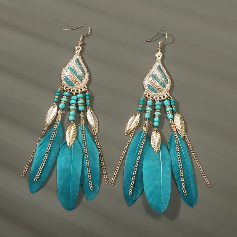 Boho Long Feather Dangle Earrings