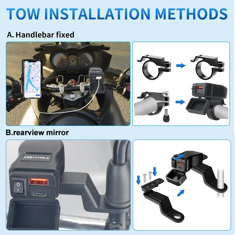 PD QC3.0 Motorcycle USB Fast Charger 60W Handlebar Dual USB Socket