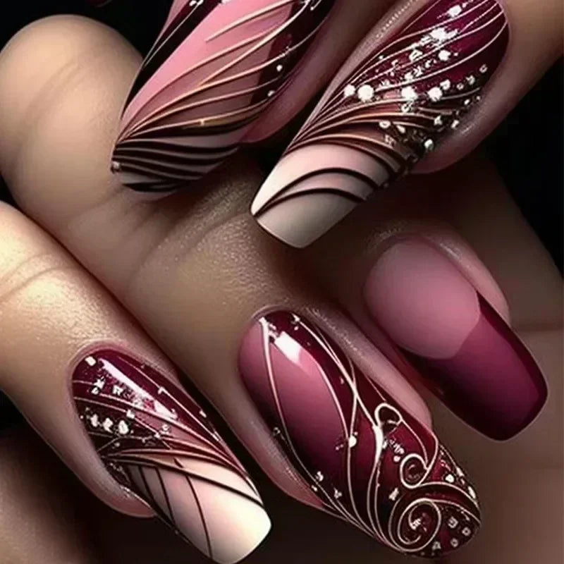 24Pcs Long Coffin Rhinestones Ballet Press on Nails