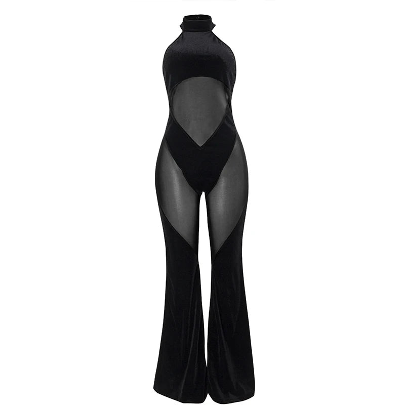 Women's Hanging Neck Sexy Solid Color Sleeveless Mesh Jumpsuit