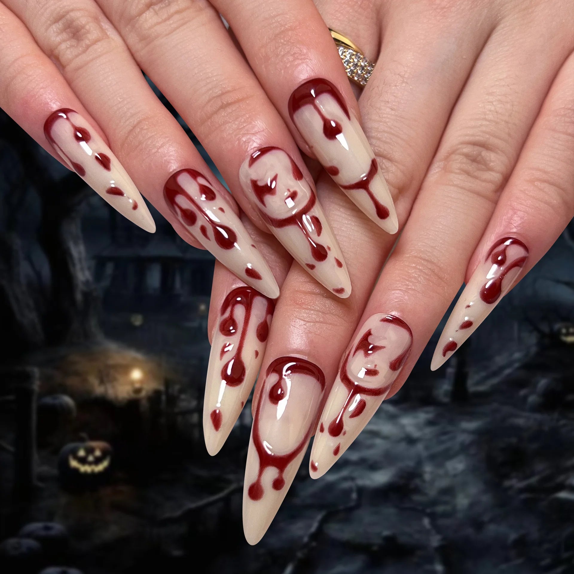 24Pc Black Butterfly Diamond Halloween Long Almond Press on Nails Tips
