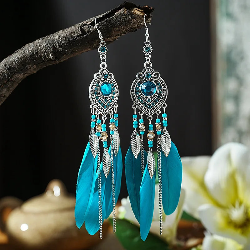 Boho Feather Long Leaf Tassel Drop Earrings