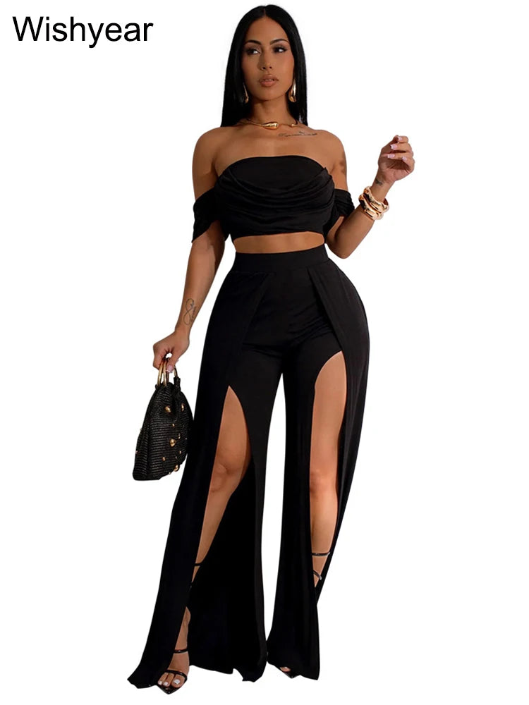 Strapless Crop Tops and High Split Wide Leg Pants