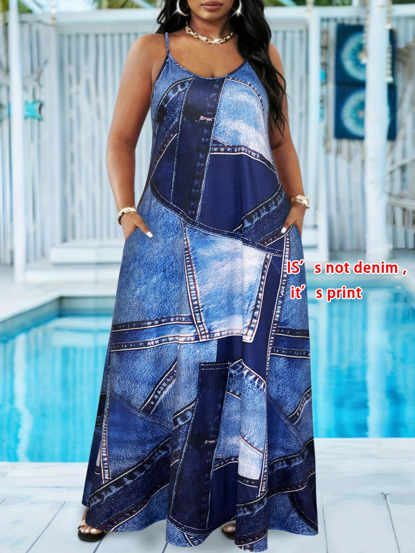 Plus Size Faux Denim Patchwork Print Spaghetti Strap Maxi Dress