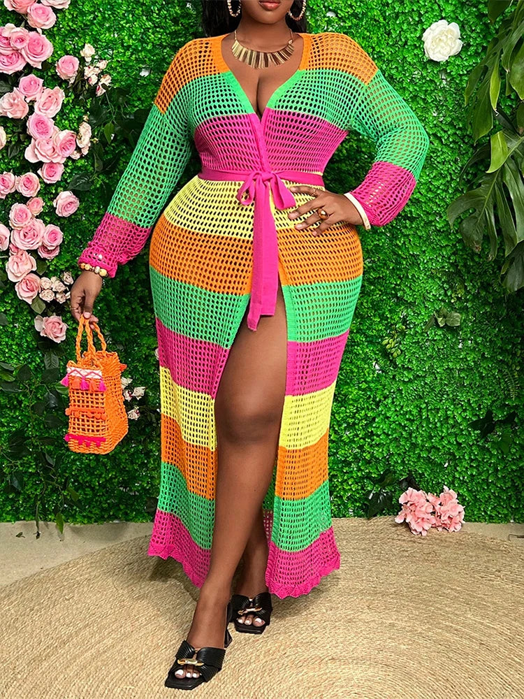 Plus-Size Color-Block Crochet Cardigan Bikini Cover-up