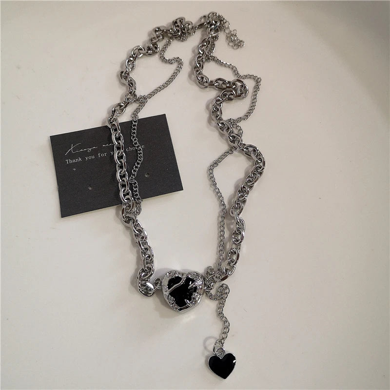 Punk Rock Goth Black Heart Cross Pendant Chain Necklace