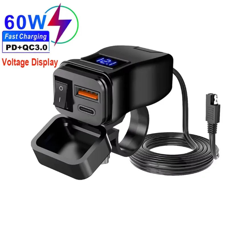 PD QC3.0 Motorcycle USB Fast Charger 60W Handlebar Dual USB Socket