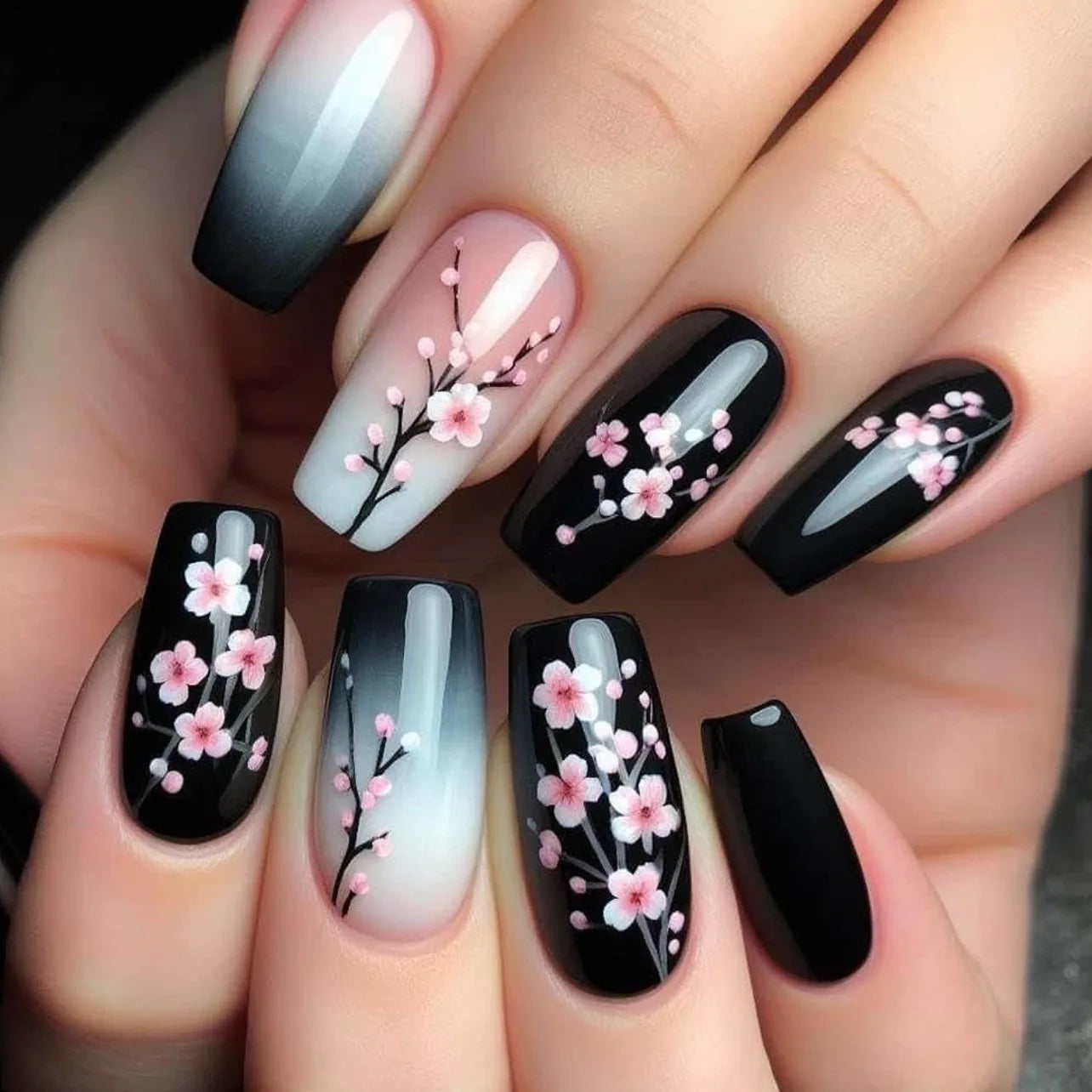 24pc Press on Nails Flower Design Mid-length Ballet